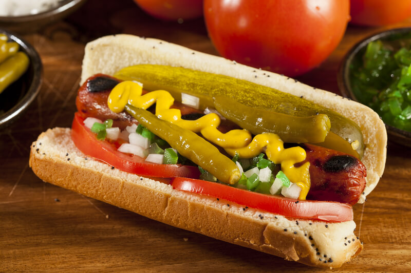 Chicago Style Hot Dog with Mustard, Pickle, Tomato, Relish and Onion
