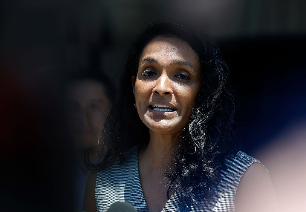LOS ANGELES, CALIFORNIA - JUNE 01: Los Angeles Mayoral candidate Los Angeles City Council member Nithya Raman speaks during a press conference outside of the El Mercadito market on June 01, 2026 in Los Angeles, California. With one day to go before the California primary, Los Angeles City Council member Nithya Raman continues to campaign across the city. (Photo by Justin Sullivan/Getty Images)