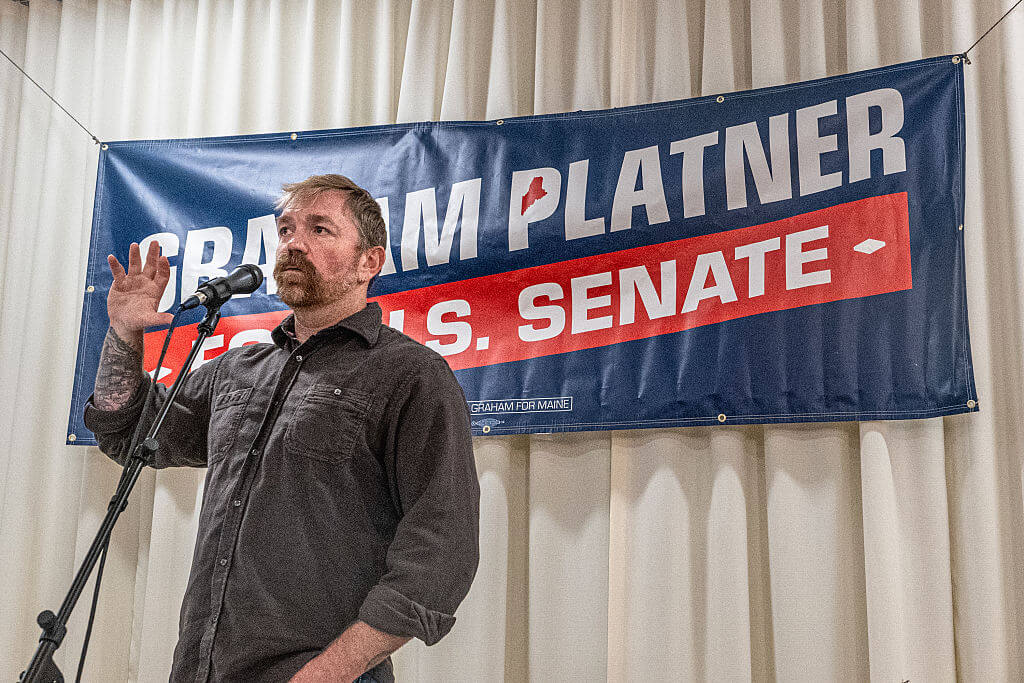 Democratic U.S. Senate candidate Graham Platner speaks to voters at a town hall at the Elks Lodge 188 on June 7, 2026 in Portland, Maine.
