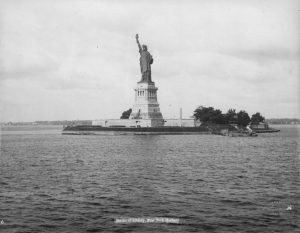1893: The statue of Liberty on Liberty Island in New York harbour. Designed by the French sculptor Frederick Bartholdi, the statue was presented to the United States by France in 1876.