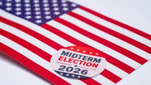 A View Of The American Flag With Midterm Elections Sticker , On A White Background 2026 2028