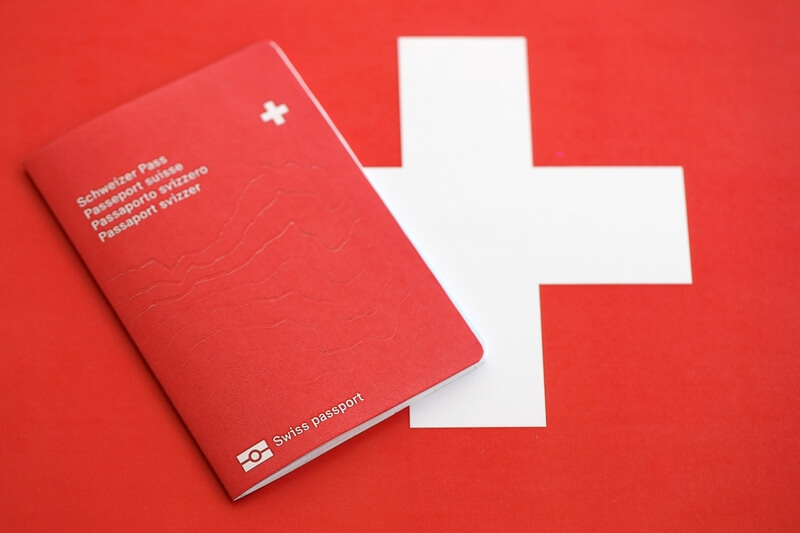 Swiss passport on flag. The current Swiss pass on flag close up. The concept of citizenship in Switzerland