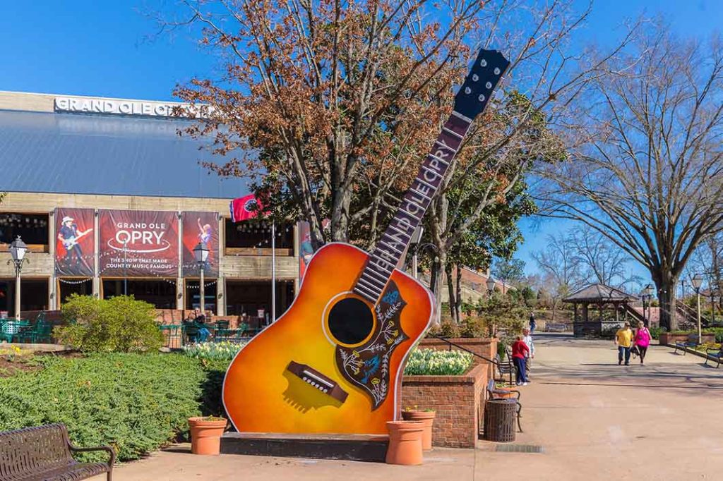 The iconic giant guitar sculpture situated outside the Grand Ole Opry House in Nashville, Tennessee.