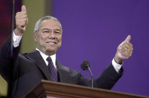 Retired U.S. General Colin Powell gives two thumbs up during his speech on the first day of the Republican National Convention, July 31, 2000 in Philadelphia.