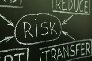 A close up of a risk management flow chart on a blackboard.
