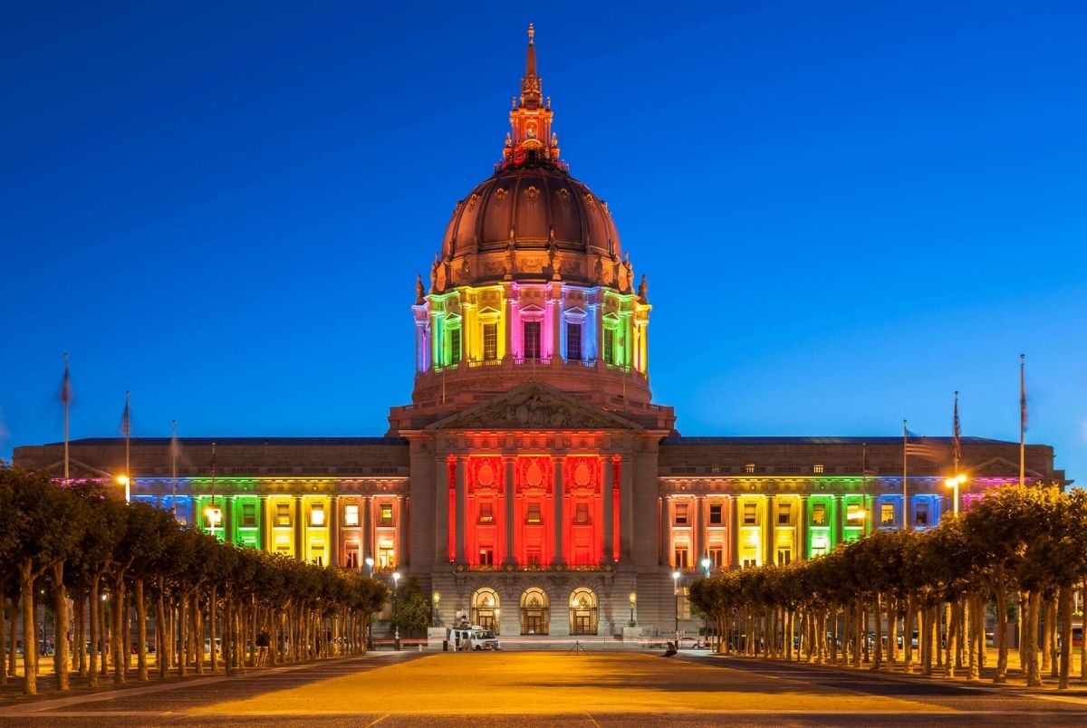 San Francisco City Hall in Rainbow Colors. San Francisco City Hall illuminated in rainbow colors in honor of Pride Week.