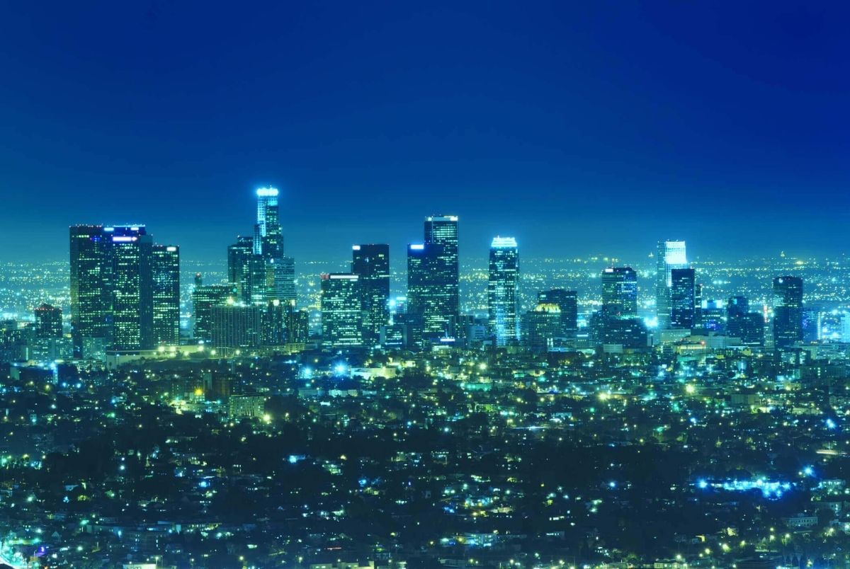 Panoramic view of Los Angeles city skyline at night