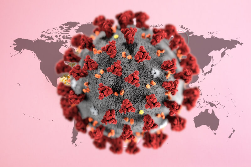 Medical protective mask on black background with Covid-19 text and World map. Surgical face mask. Chinese coronavirus outbreak concept.