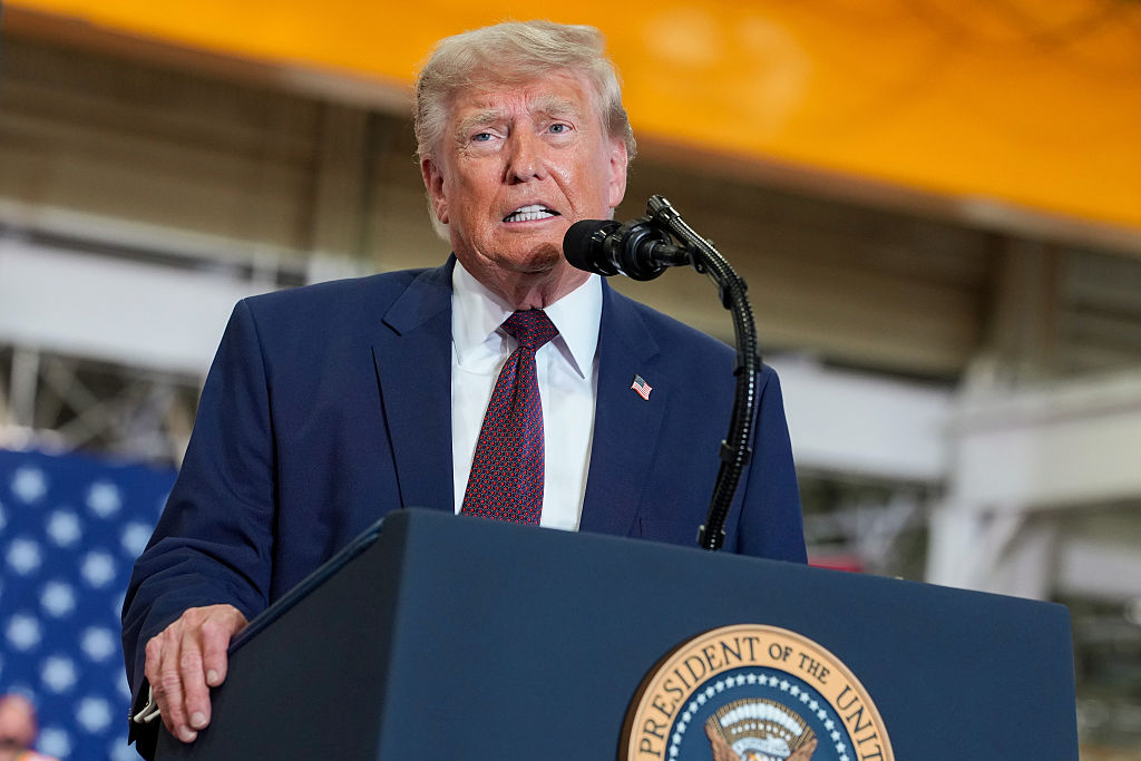 U.S. President Donald Trump delivers remarks at the Mack Trucks Lehigh Valley Operations facility on June 23, 2026 in Macungie, Pennsylvania.