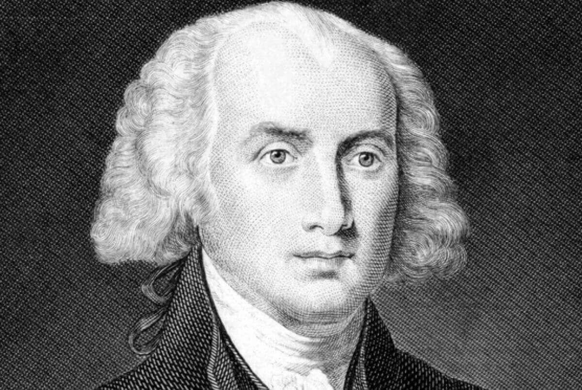 James Madison (1751-1836) on engraving from 1859. Fourth President of the United States during 1809–1817. Engraved by unknown artist and published in Meyers Konversations-Lexikon, Germany,1859.