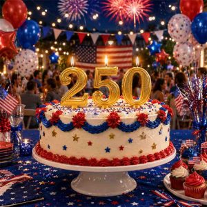 A patriotic American birthday cake featuring red, white, and blue frosting to celebrate the United States' 250th anniversary.