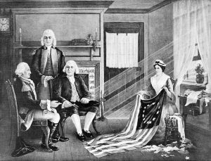 American Soilder and first President of the United States General George Washington (1732 -1799) and members of congress consulting with Betsy Ross s at 239 Arch St. in Philidelphia where the first American flag is reputed to have been made in1776.