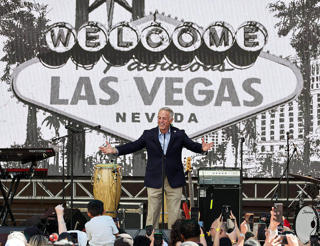 Nevada Gov. Joe Lombardo speaks onstage after a parade for Bruno Mars honoring his impact on Las Vegas entertainment at Toshiba Plaza on April 10, 2026 in Las Vegas, Nevada.