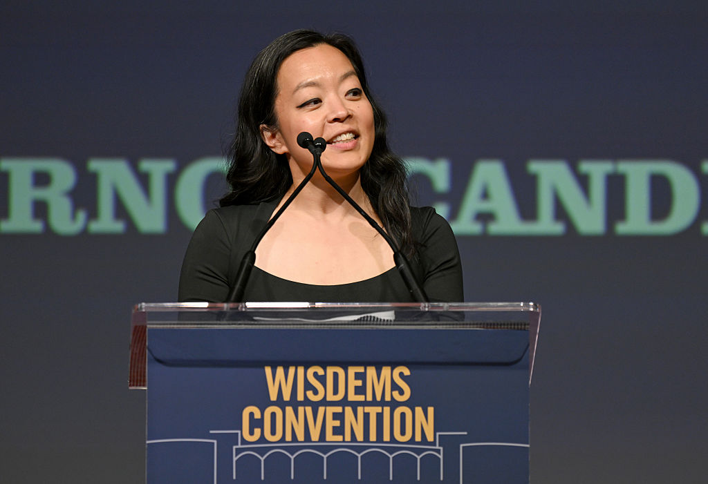 Governor candidate Francesca Hong speaks on stage during Wisconsin Democrats 2026 Convention on June 14, 2026 in Madison, Wisconsin.