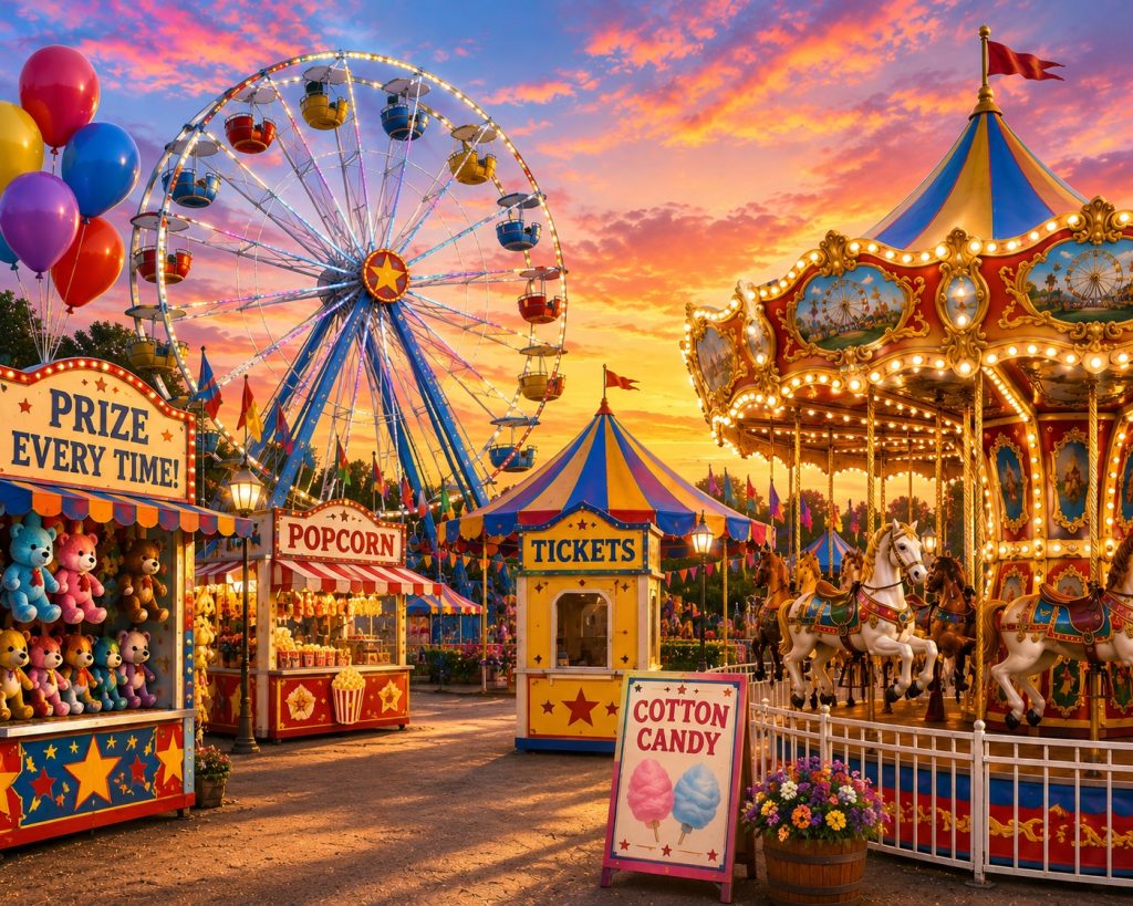 AI-generated representation of a vibrant carnival scene, featuring a large Ferris wheel, a carousel, and food stalls under a sunset sky.