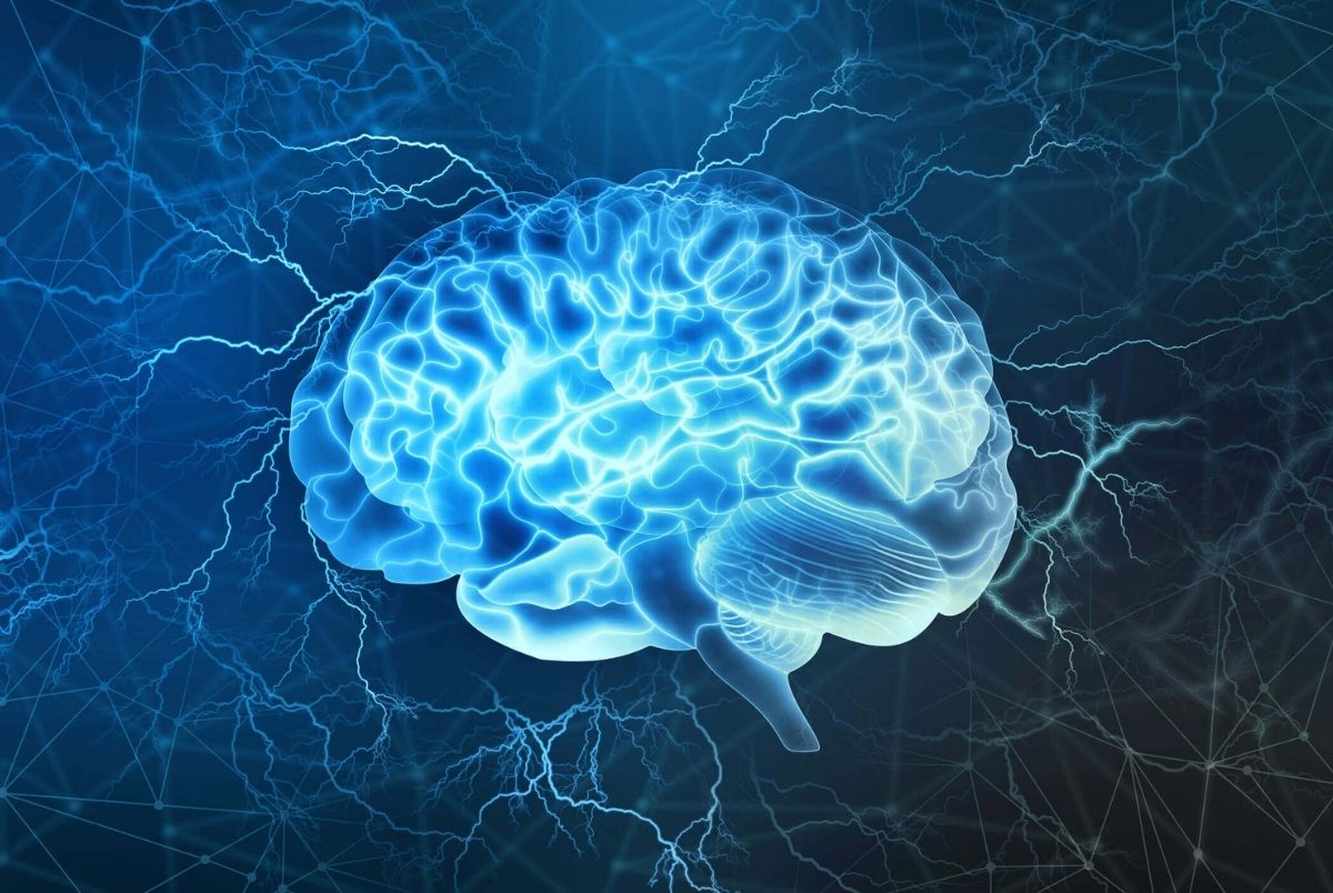 Electrical activity of the human brain. Human brain digital illustration. Electrical activity, flashes and lightning on a blue background
