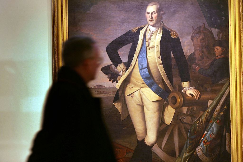 NEW YORK - JANUARY 17: A person walks past the full length portrait of George Washington, by Charles Wilson Peale, at Christie's auction house January 17, 2006 in New York City. Part of the collection of Mrs. J. Insley Blair, the portrait features Washington at Princeton during the Revolutionary War and is dated 1779. The painting is scheduled to be auctioned on January 21 and has an estimated value of approximately US$10,000,000-15,000,000. (Photo by Spencer Platt/Getty Images)