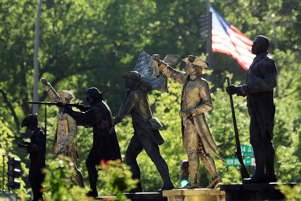 Construction Continues Around D.C. As The Nation's Capital Prepares For America's 250th Events WASHINGTON, DC - MAY 29: Statues stand at Freedom Plaza on May 29, 2026 in Washington, DC. More statues are added to the park as part of the “Making the District of Columbia Safe and Beautiful" initiative which is part of the preparation for the America's 250th birthday celebration. (Photo by Alex Wong/Getty Images)