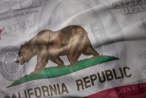 Waving colorful flag of california. waving colorful national flag of california
