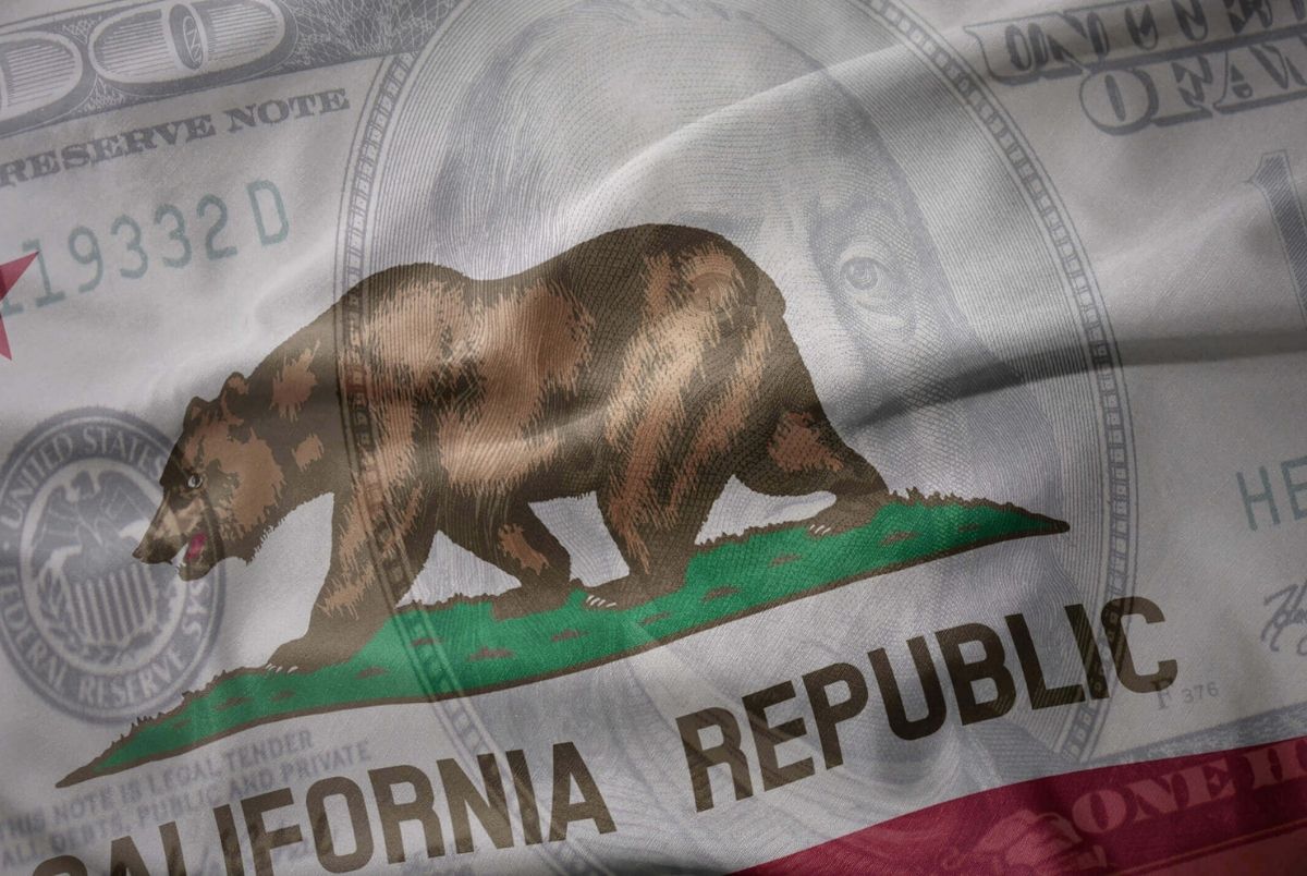 Waving colorful flag of california. waving colorful national flag of california