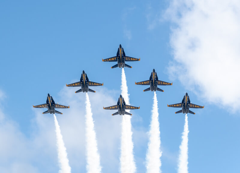 US Navy Blue Angels in formation ready to perform a flyby