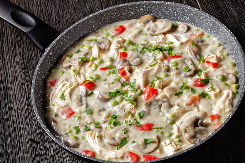 Chicken a la king in a skillet. Chicken a la king, cooked breast of chicken in a cream sauce with mushrooms, green peas and chopped peppers in a skillet on a dark wooden table, close-up