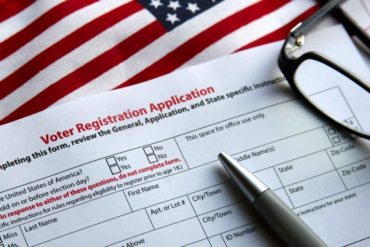 Voter registration form with flag of United States of America