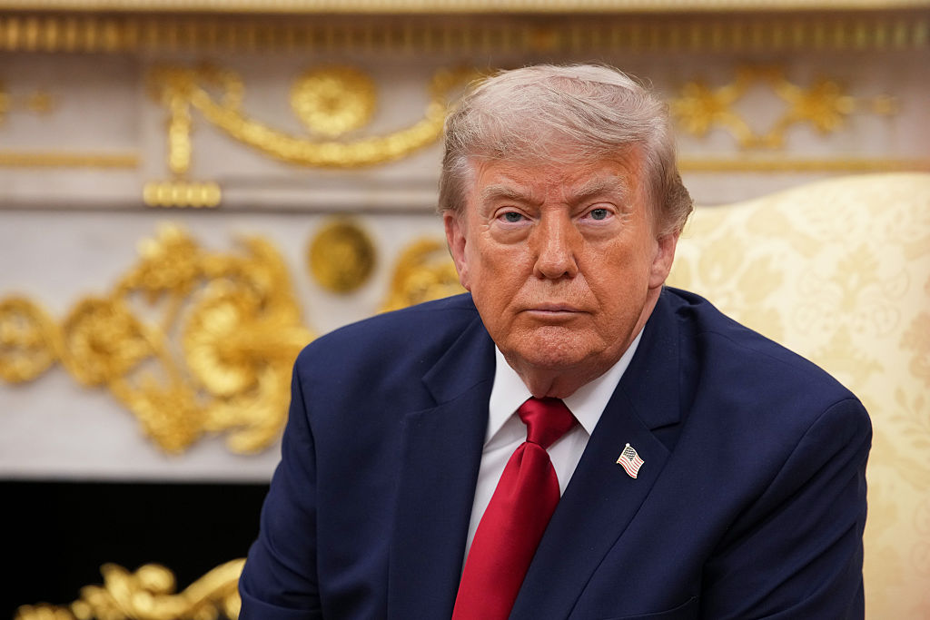 U.S. President Donald Trump looks on during a bilateral meeting with the Prime Minister of Iraq Ali al-Zaidi, in the Oval Office of the White House on July 14, 2026 in Washington, DC.