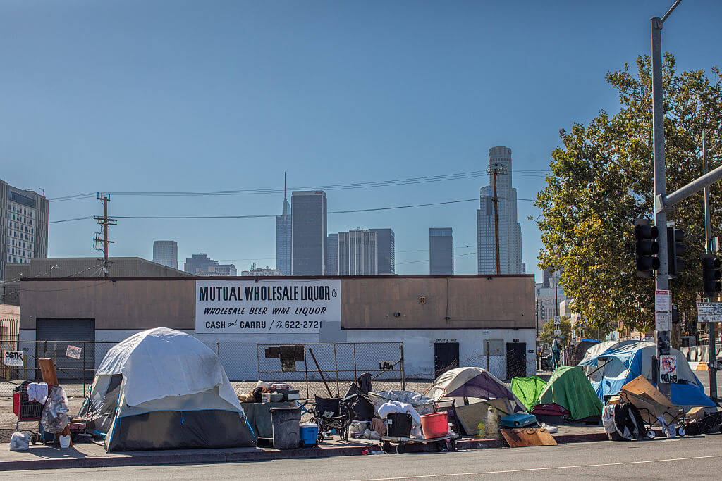 A homeless encampment is seen in Skid Row on July 25, 2025 in Los Angeles, California.