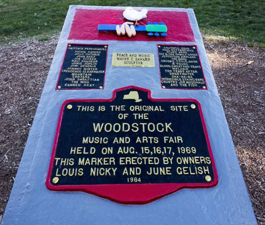 Concrete monument marks the original site of the 1969 Woodstock Music and Arts Fair located in Bethel, New York.
