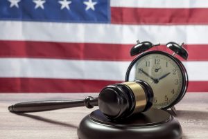 Gavel and Alarm Clock, American flag background