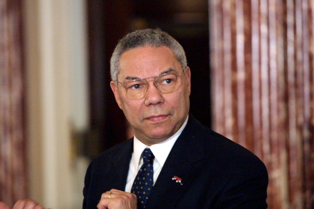 Secretary of State Colin Powell addresses newly sworn in junior officers at the State Department February 15, 2001 in Washington DC.