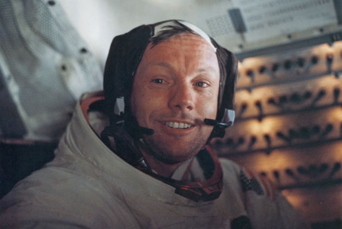 Astronaut Neil Armstrong, Commander of NASA's Apollo 11 lunar landing mission, inside the Lunar Module the 'Eagle' on the surface of the Moon during the mission, 20th July 1969.