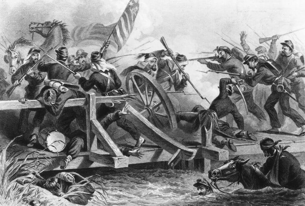 A violent exchange between the Yankees and Confederates at the First Battle of Manassas (the First Battle of Bull Run) during the American Civil War.