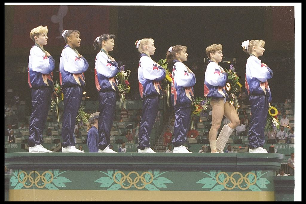 The United States women''s gymnastic team after winning the gold at the 1996 Olympic Games in Atlanta, Georgia.