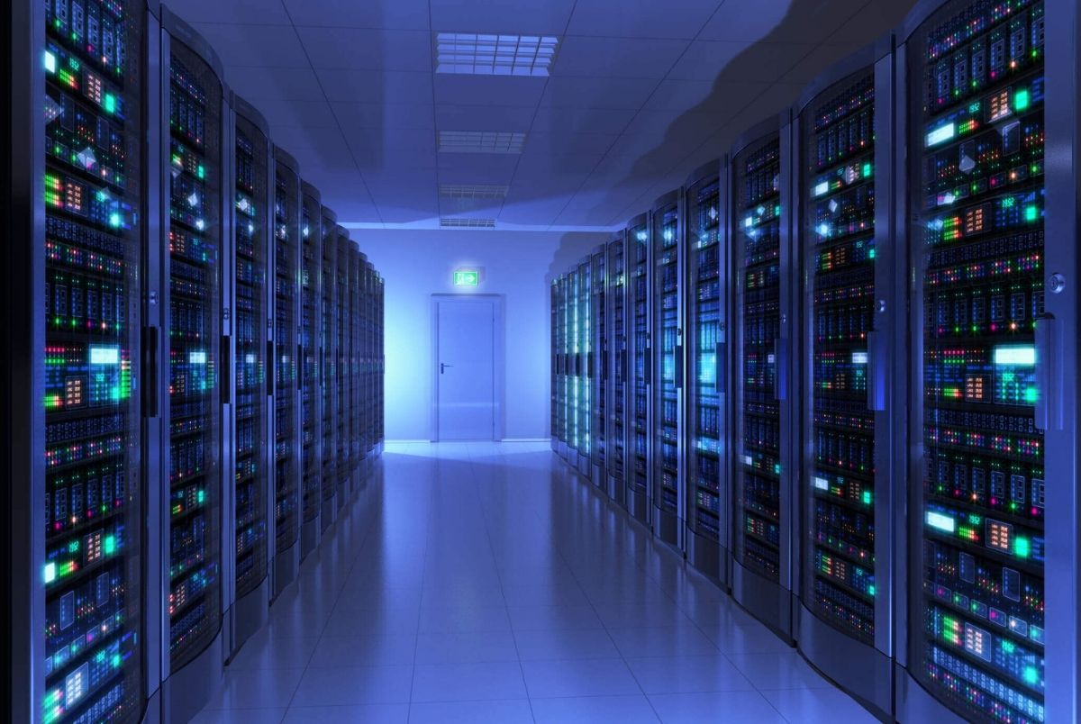 Server room interior. Modern interior of server room in datacenter