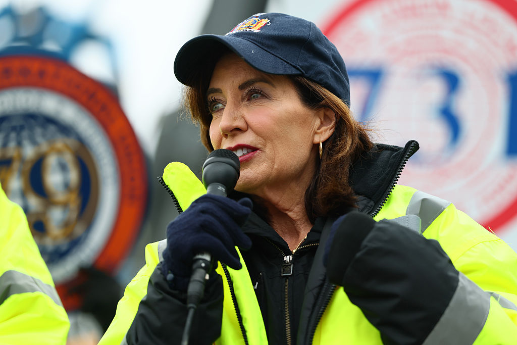New York Gov. Kathy Hochul speaks at the site of the Gateway Project Construction on February 17, 2026 in New York City.